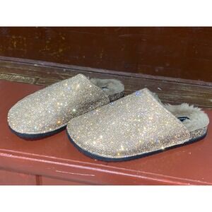 Lauren Lorraine Women 9.5 Gold Rhinestone Crystal Faux Fur Lined Mule Clog Shoes